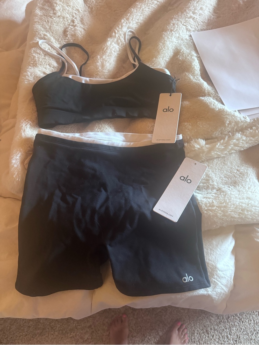ALO Yoga Black & White Bralette and Shorts Set